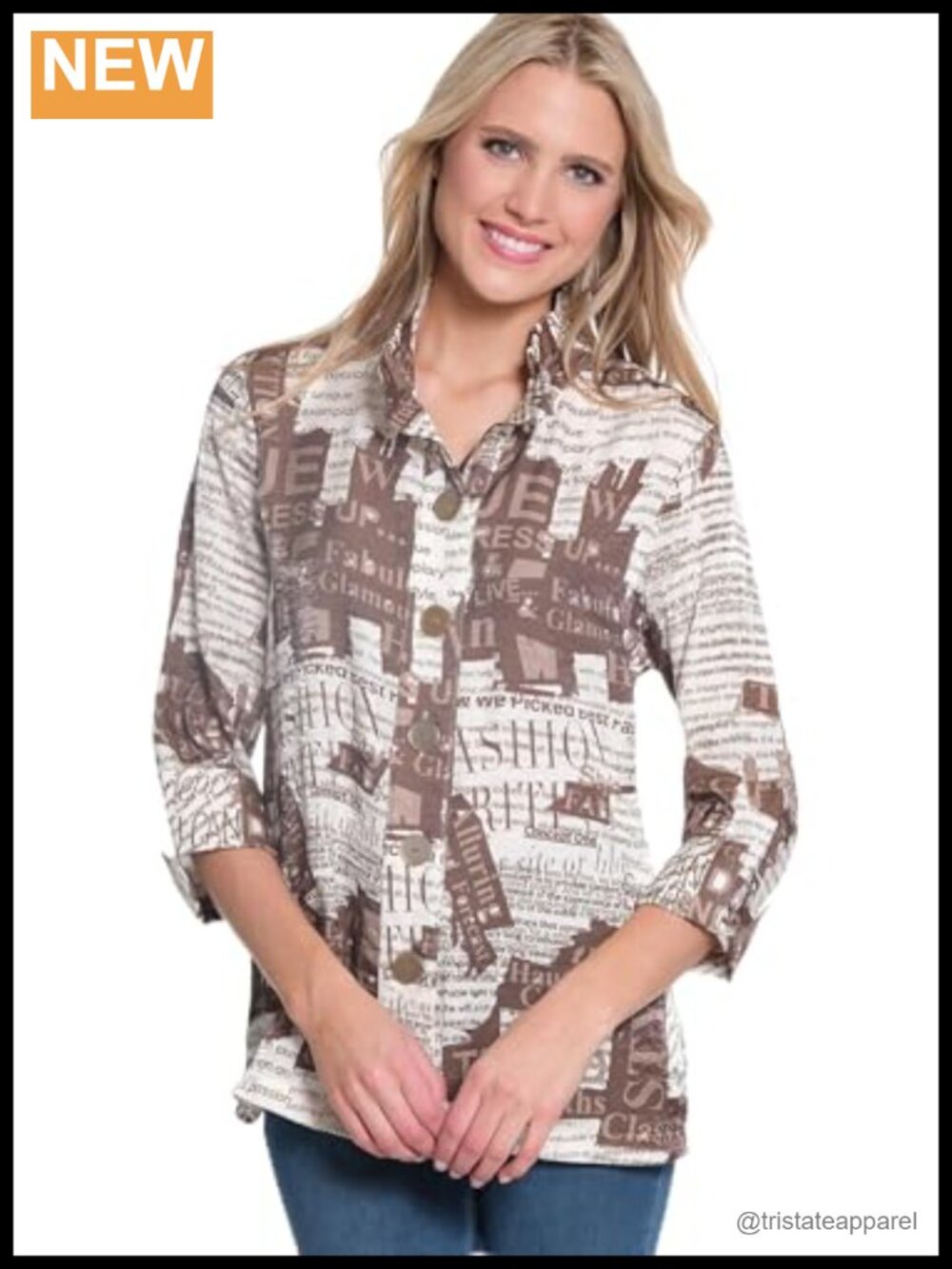 Multiples Turn-Up Cuff 3/4 Sleeve Wire Collar Button Front Blouse